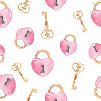 watercolor pink heart lock and golden key seamless pattern on white background for valentines day, scrapbooking, fabric textile, wedding invitations