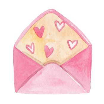 Watercolor hand drawn pink envelope with pink hearts isolated on white background. Valentines day love letter