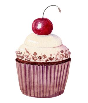 watercolor hand drawn creamy cupcake with cherry on top isolated on white background