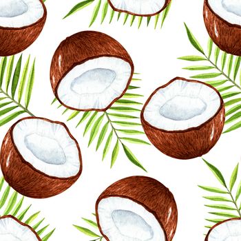 watercolor coconut and tropical leaves seamless pattern on white background. Summer print for fabric, wrapping, wallpaper