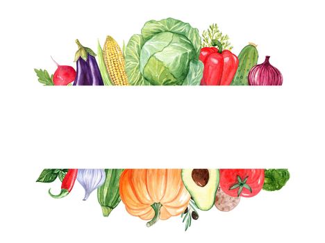 Watercolor vegetable border isolated on white background. Hand drawn food frame for menu design, restaurant decor, recipes