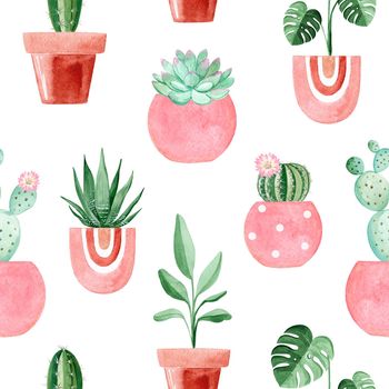 watercolor house plants in pink pots seamless pattern on white background. For fabric, textile, wrapping, scrapbook, branding