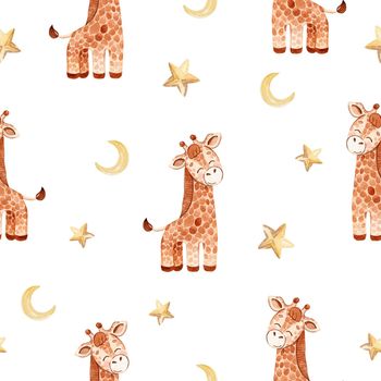 watercolor giraffe and stars seamless pattern on white background for fabric,textile,baby shower, nursery print,scrapbooking