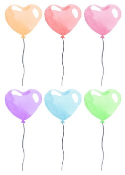 Watercolor colorful heart shape balloons with strings party set isolated on white background . Birthday card decoration