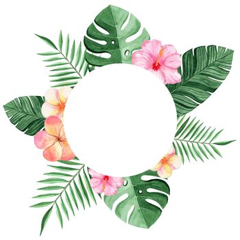 watercolor round tropical frame with green palm leaves and color flowers isolated on white background for logo design, cards ,backgrounds