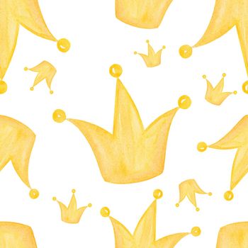 Princess yellow crowns seamless pattern on white background. Watercolor gold diadems print for fabric, textile, wrapping, scrapbook, branding