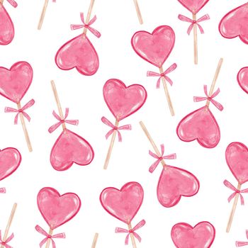 watercolor pink heart lollipops seamless pattern on white background. Valentines day print. For fabric, textile, wrapping, wallpaper, scrapbook