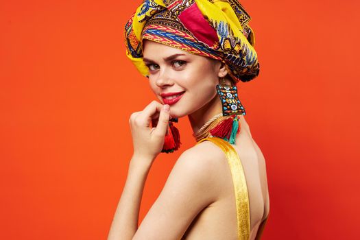 beautiful woman multicolored shawl ethnicity african style decorations Studio Model. High quality photo