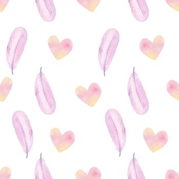 watercolor boho pink feathers and hearts seamless pattern on white background. scrapbooking and wrapping paper, valentines day texture