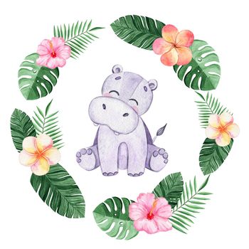 watercolor hippo in tropical flower wreath isolated on white background. Cute baby print for fabric, textile, clothes, pajamas, posters