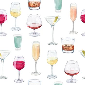 watercolor cocktail glasses seamless patter non white background. Alcohol drinks print for fabric, textile, wrapping, scrapbook, wallpaper