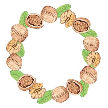 Walnut round wreath watercolor illustration isolated on white background. Hand drawn nut frame for logo, cards, design