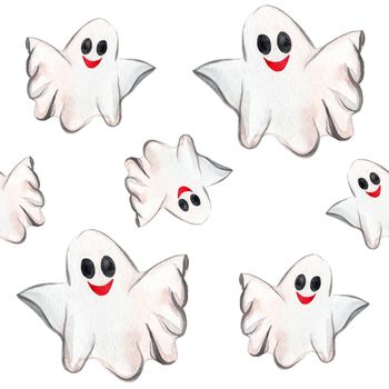 watercolor white happy ghost seamless pattern on white background. Halloween party decoration for fabric, scrapbooking, wrapping