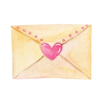 watercolor yellow paper envelope with letter and pink heart isolated on white background for valentines day