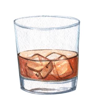 watercolor whiskey glass with ice isolated on white background. Glass with brown liquid and ice cubes hand drawn illustration