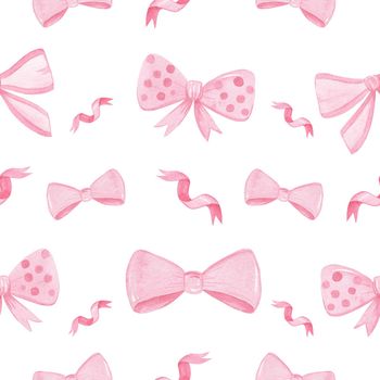 watercolor hand drawn pink bows and ribbons seamless pattern. perfect for fabric, textile, wrapping paper, scrapbooking, layout, baby shower