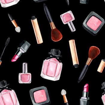 Pink Makeup products seamless pattern on black background. Watercolor perfume and lipstick print for fabric, wallpaper, branding