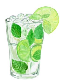 watercolor hand drawn green mojito cocktail glass with mint,lime and ice isolated on white background. Alcohol beverage in bar menu