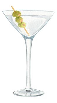 watercolor hand drawn martini cocktail with green olives isolated on white background