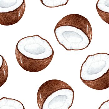 Watercolor coconut seamless pattern on white background