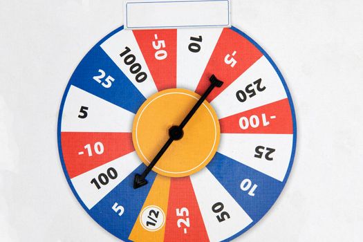 Roulette fortune spinning wheel flat icon casino money games or board game - bankrupt or lucky element. Fortune, wheel for casino, success game roulette top view points