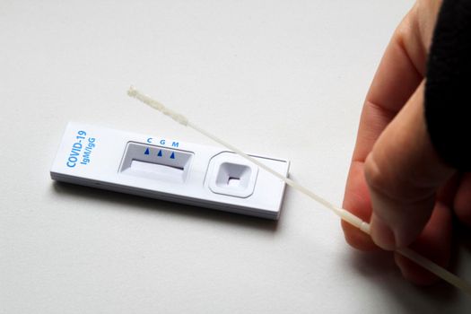 Rapid Antigen Diagnostic Test cassette of Coronavirus SARS-CoV-2 Covid-19 on white background