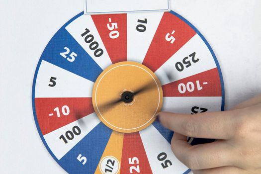 Roulette fortune spinning wheel flat icon casino money games or board game - bankrupt or lucky element. Fortune, wheel for casino, success game roulette top view points