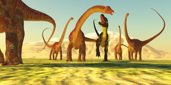 A theropod Torvosaurus tries to bring down a Diplodocus dinosaur during the Jurassic Period.