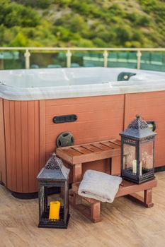 Hot tub with candles ready to take a bath. Valentines day concept.