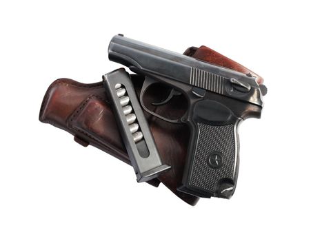 Eight-capacity magazine near handgun and holster isolated on white background