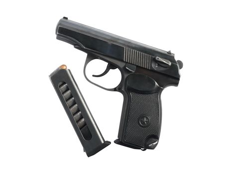 Eight-capacity magazine near handgun isolated on white background