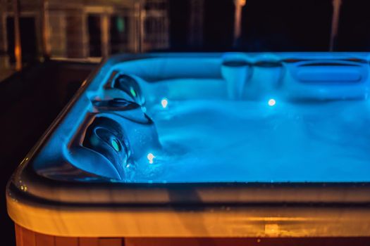 Hot tub hydromassage pool. Illuminated pool. Rest outside the city. Cottage with hydromassage pool.