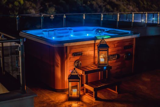 Hot tub with candles ready to take a bath. Valentines day concept.