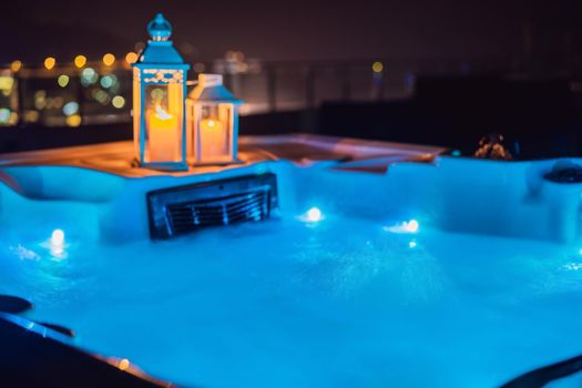 Hot tub with candles ready to take a bath. Valentines day concept.