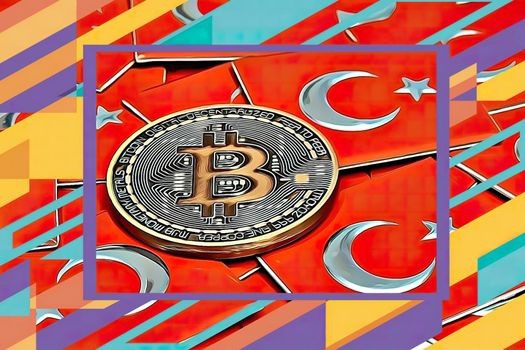 Close up bitcoin coins with Turkish flags figures.