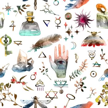 Watercolor illustration of alchemy objects and signs on white background - seamless pattern