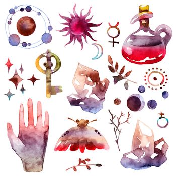 Watercolor illustration of alchemy objects and signs on white background