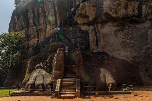 Sri Lanka. Sigiriya Dambulla. The most famous attraction - Lion Rock. View from the main entrance in the form of a lion on a clear sunny day. High quality photo