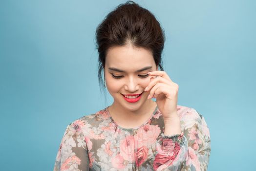 Beautiful portrait young asian woman standing expression serious or doubts with idea, lifestyle concept