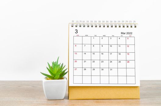 March 2022 desk calendar with plant pot on wooden table.