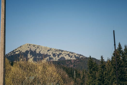Stone mountain, spruce forest and electric pole. High quality photo