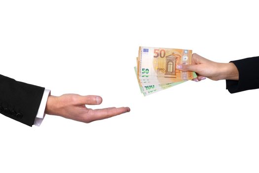 Hand giving money and hand taking money isolated on white background. Lending money. High quality photo