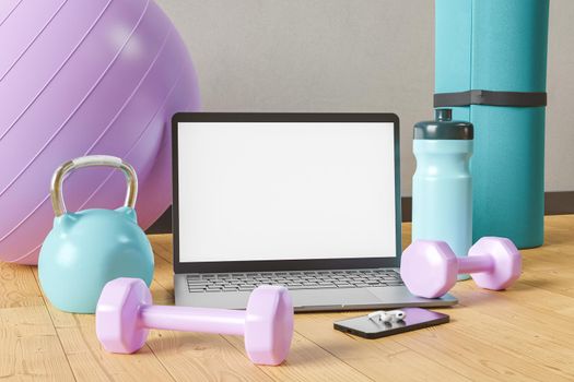 laptop on the floor of a gym with a mobile phone and exercise equipment. white screen mockup. concept of exercise, technology, online training, web and healthy living. 3d rendering