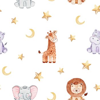 watercolor wild african animals and stars seamless pattern on white background for fabric,baby textile,branding,pajamas,invitations,scrapbooking,wrapping