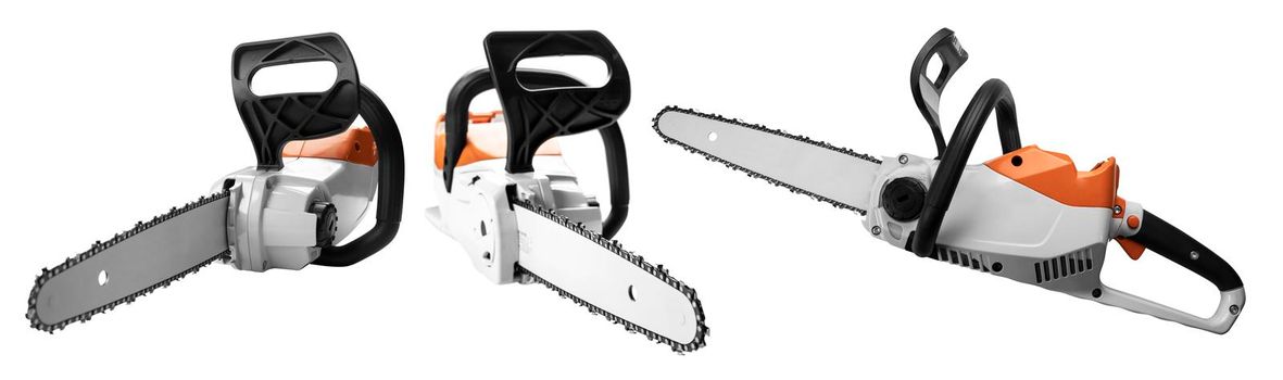 Chainsaw in different angles on a white background.