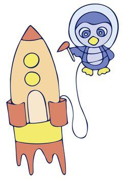 Colored Penguin with a Rocket Doodle Sketch. Hand-Drawn Isolated Illustration. Illustration For Design, T-Shirt, Print, Game And App.