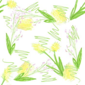 Seamless Pattern Design Pastel Drawn Bright Floral Pattern with Colorful Leaves and Blooming Dandelion Flowers on White Background.