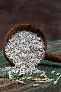 Wooden spoon filled with oatmeal next to oat grains