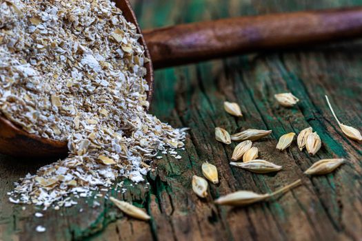 Wooden spoon filled with oatmeal next to oat grains