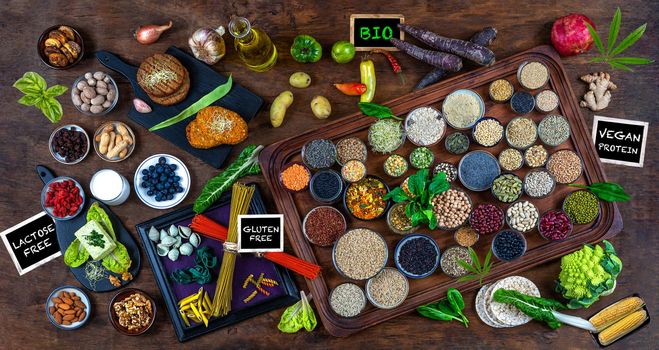 Panoramic on the essentials of vegan food - with small panels